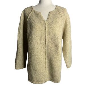 Vintage 90s DKNY Wool Chunky Knit Sweater S Beige Pullover V Neck Raglan Sleeves